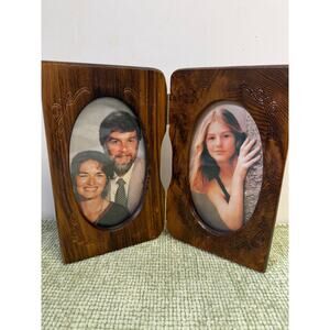 Vintage Wooden Folding Double Picture Frame Oval Carved Rustic
